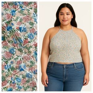 Unique Vintage Floral Smocked Halter Top Criss Cross Adjustable Back 5X